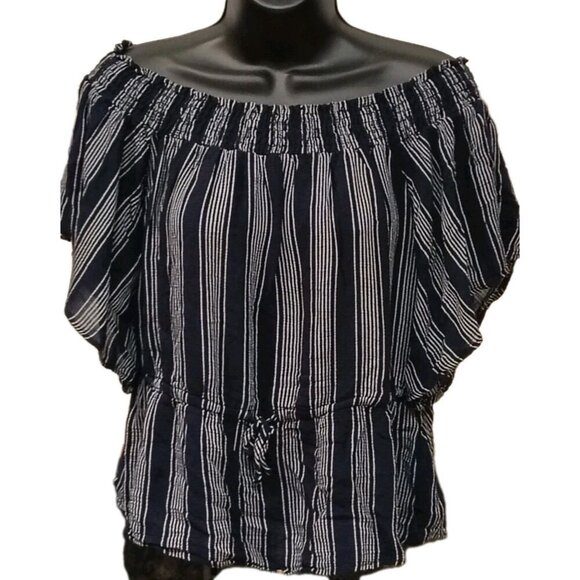 Abercrombie & Fitch Tops - Abercrombie And Fitch Navy Striped Peplum Off Shoulder Blouse XS Coastal Boho